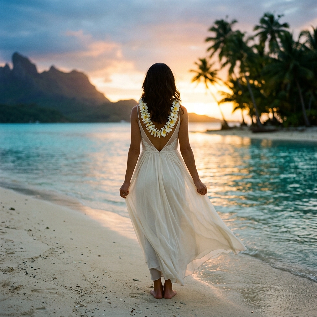 Silhouette de dos d'une mariée en robe blanche avec un lei de fleurs blanches sur une plage tahitienne au coucher de soleil