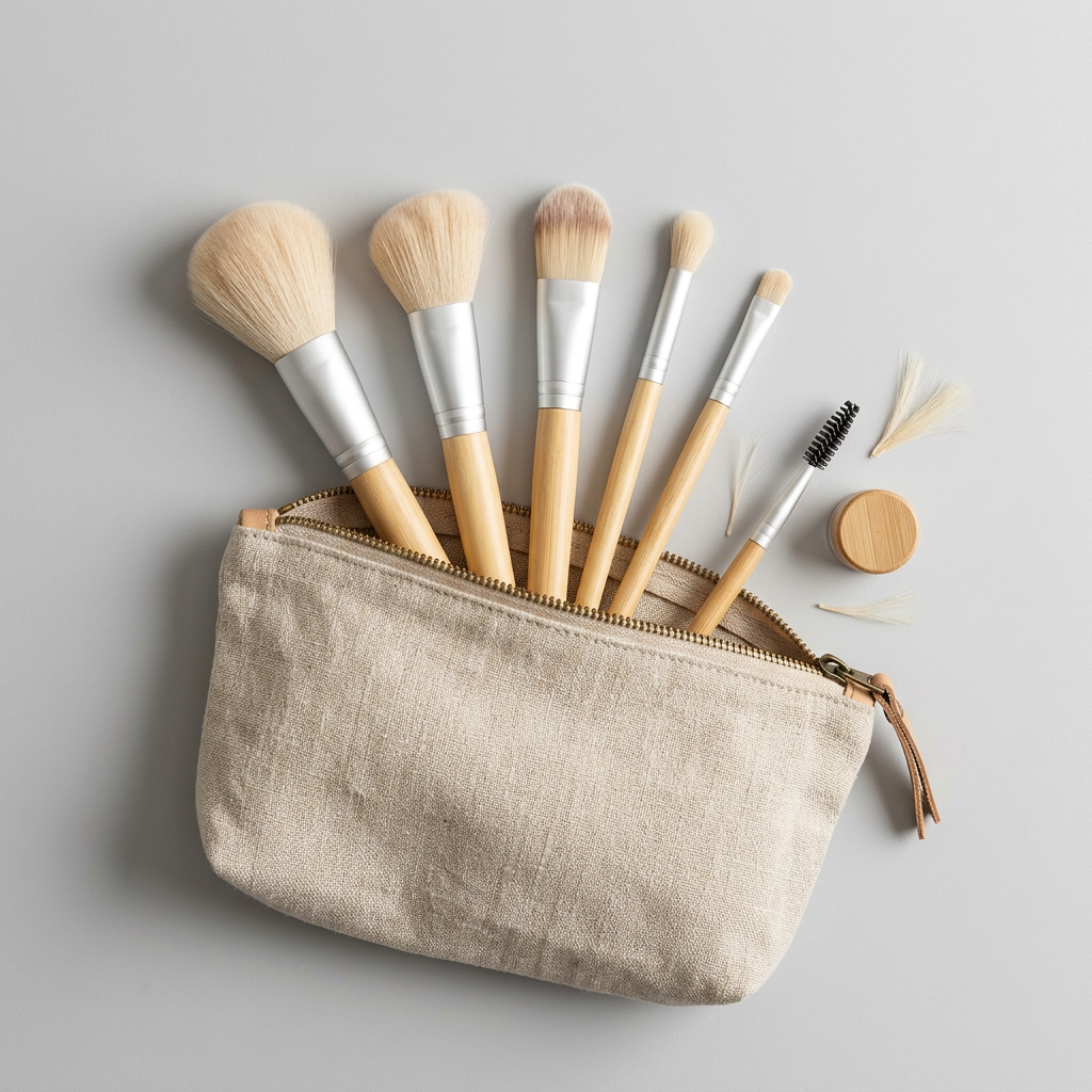 Trousse en lin avec cinq pinceaux de maquillage en bois clair sur fond gris perle