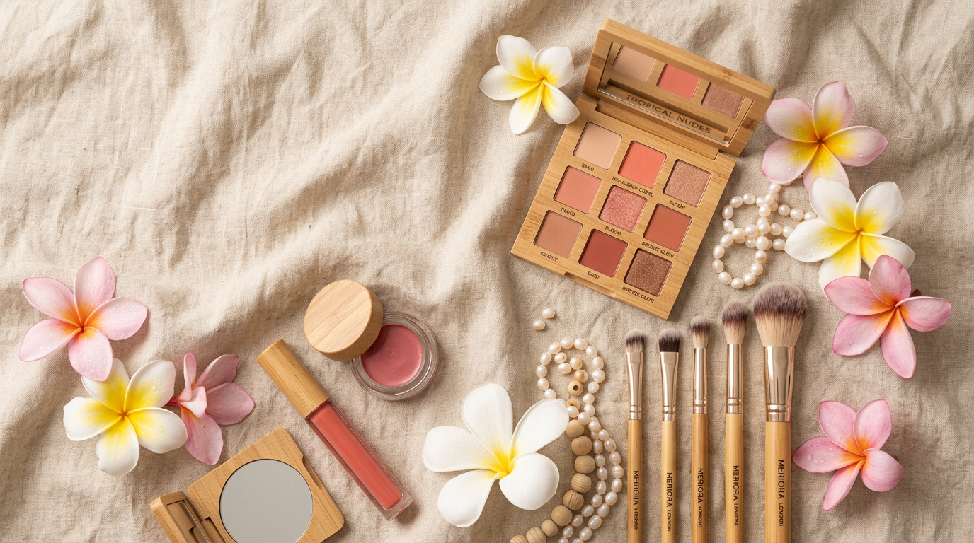 Pinceaux de maquillage et palette de fards aux tons nude entourés de fleurs de tipanié sur un tissu de lin écru, ambiance studio tropicale