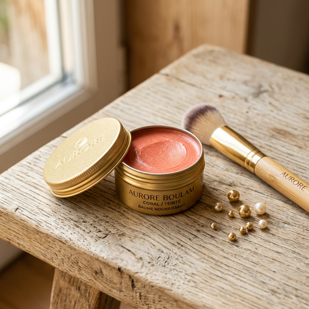 Baume lèvres corail dans pot doré avec accessoires bambou sur fond bois clair