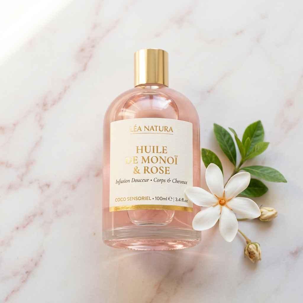 Lotion tonique mono'i en bouteille de verre avec fleur sur fond marbre