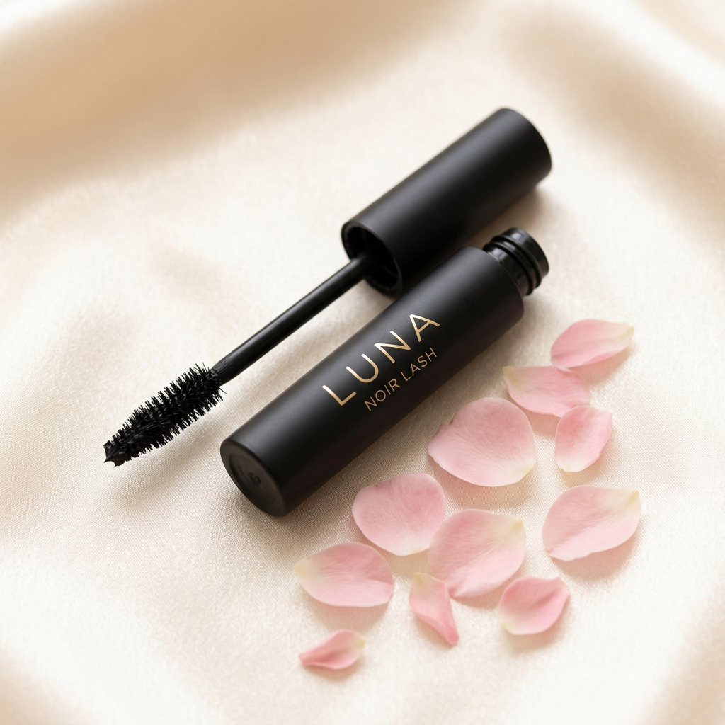 Mascara doux longue tenue tube noir avec brosse sur fond crème nacré