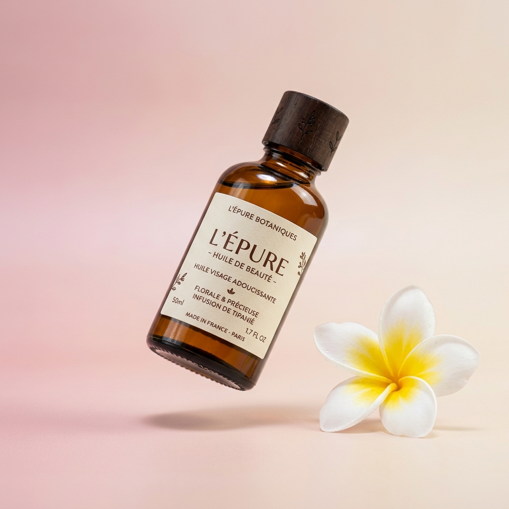 Sérum hydratant tipanié en flacon ambré avec fleur de tipanié blanche sur fond rose pâle