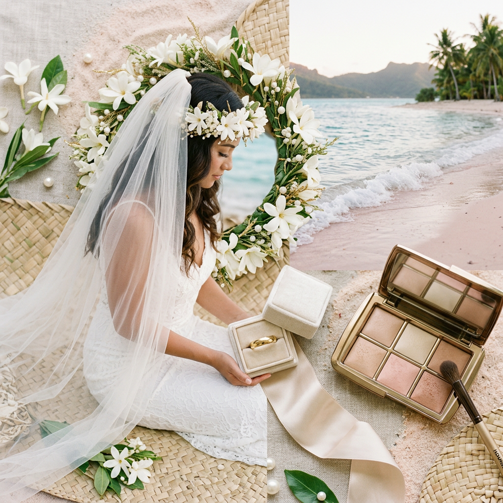 Voile de mariée, couronne de fleurs de tipanié blanches, alliance dorée et palette de fards nude sur fond sable rosé